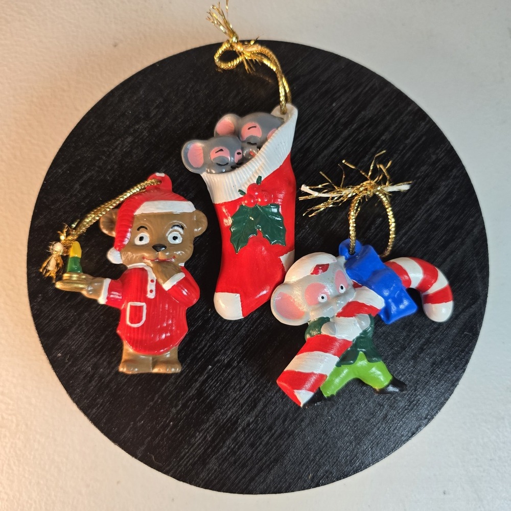 Vtg Ceramic Christmas Ornaments Lot of 3 Bear Santa,Mice in Stocking, Candy Cane